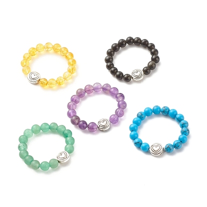 Anillos elásticos de piedra redonda con cuentas de corazón de aleación para mujer