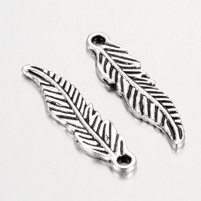 Tibetan Style Alloy Feather Pendants, Cadmium Free & Lead Free, 23x6x1.5mm, Hole: 2mm, about 1400pcs/1000g