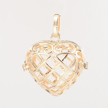 Eco-Friendly Rack Plating Brass Hollow Heart Cage Pendants, For Chime Ball Pendant Necklaces Making, Cadmium Free & Nickel Free & Lead Free, 31x32x16mm, Hole: 9x4mm