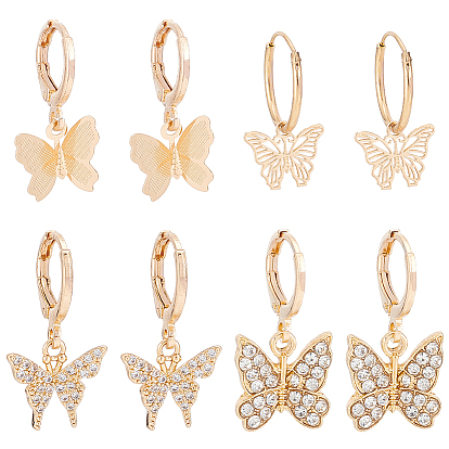 4 пара 4 стильные серьги-подвески из латуни и сплава с застежкой-рустиком для женщин, бабочка