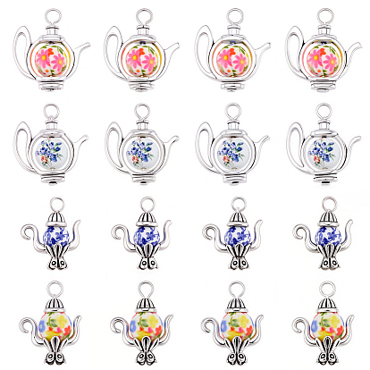 24Pcs 4 Styles Tibetan Style Alloy Pendants, Teapot Charms, with Glass and Acrylic, Antique Silver