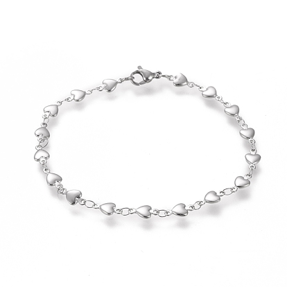 304 Stainless Steel Link Chain Bracelets, with Lobster Claw Clasps, Heart