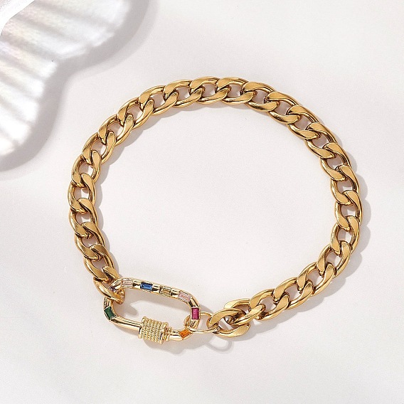 304 из нержавеющей стали кубинский ссылка цепи браслеты, Латунный микропаве кубический цирконий винтовой карабин ювелирное украшение для женщин