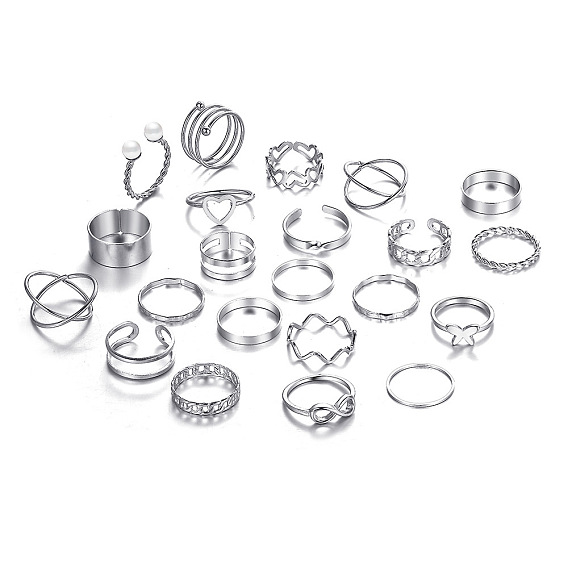 22 шт. 22 стиль сердце и бабочка и крест-накрест и волны набор колец из сплава, штабелируемые кольца с искусственным жемчугом для женщин