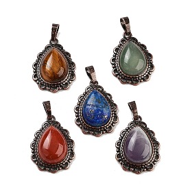 Natural Stone Teardrop Pendants, Red Copper Tone Brass Charms