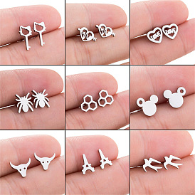 Retro Animal Stud Earrings with Spider, Mickey Mouse, Cat and Cow Designs