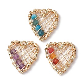 3Pcs 3 Styles Natural Amethyst & Red Agate & Apatite Faceted Round Pendants, Heart Alloy Charms