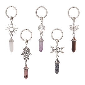 Double Terminated Pointed Bullet Gemstone Pendant Keychain, with 304 Stainless Steel Split and Alloy Findings, Sun/Lotus/Tree of Life/Moon/Hamsa Hand