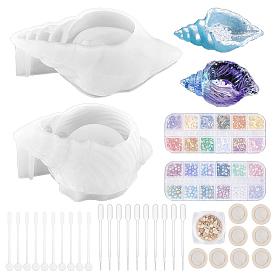 Olycraft DIY Conch Shape Epoxy Resin Storage Kits, include Silicone Molds, Plastic Imitation Pearl Cabochons & Sequins, Natural River Rock Stone Chips, Stirrer Mixing Tools
