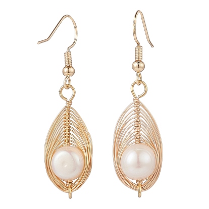 Natural Pearl Teardrop Dangle Earrings, Brass Wire Wrap Drop Earrings with 304 Stainless Steel Pins for Women