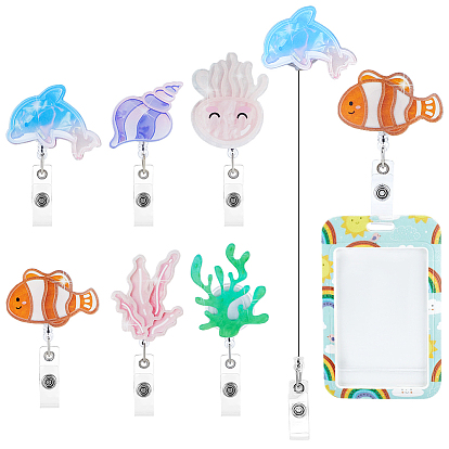 6 pièces 6 styles enrouleur de badge rétractable en acrylique océan, détenteurs de la carte, avec les accessoires en métal