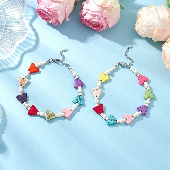 Браслеты на ногу с круглыми бусинами в виде бабочек из окрашенной синтетической бирюзы, платина