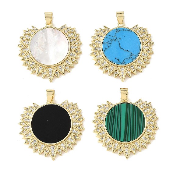 Brass Micro Pave Clear Cubic Zirconia & Resin/Natural White Shell/Synthetic Turquoise/Synthetic Malachite Pendants, Sun Charms, Rack Plating, Long-Lasting Plated, Cadmium Free & Lead Free