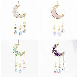 Natural Gemstone Chips Moon Pendant Decoration, Hanging Suncatchers, with Glass Teardrop Charm, for Home Garden Decoration