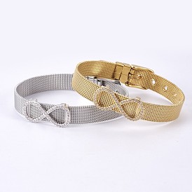 Unisexes 304 bracelets bracelet en acier inoxydable de bracelet, avec breloques coulissantes en laiton à micro-pavé de zircons cubiques, infini