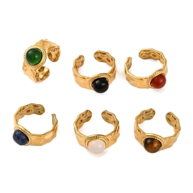 Round Natural Gemstone Finger Rings, Golden Tone 304 Stainless Steel Wide Cuff Rings for Women