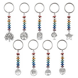 Porte-clés pendentif en alliage de style tibétain arbre de vie, avec pierre de lave naturelle chakra et perles de rocaille en verre et porte-clés fendus en fer