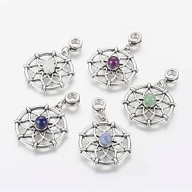 Alloy European Dangle Charms, Large Hole Pendants, with Gemstone Beads, Flat Round with Flower