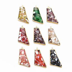 Resin Pendants, with Chip Freshwater Shell and Brass Loop, Electroplate, Polygon