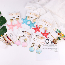 Natural and Minimalist Alloy Pearl Starfish Shell Hair Clip Earrings Set