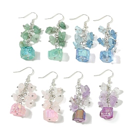 4 Pairs Natural Gemstone Chip & Natural Quartz Dangle Earrings for Women, Silver, Mixed Color