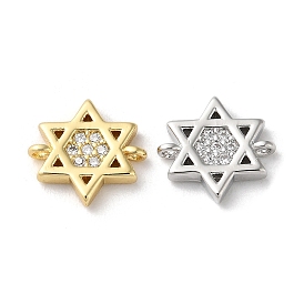 Rack Plating Brass Micro Pave Clear Cubic Zirconia Connector Charms, Star of David Links, Long-Lasting Plated, Lead Free & Cadmium Free