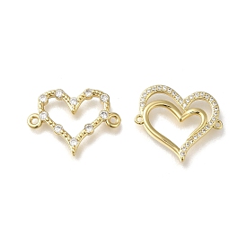 Rack Plating Brass Pave Clear Cubic Zirconia Heart Links Connector Charms, Long-Lasting Plated, Lead Free & Cadmium Free