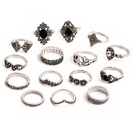 15шт 15 стили ретро цветочные кольца из сплава, с черным стеклом, женские кольца в богемном стиле