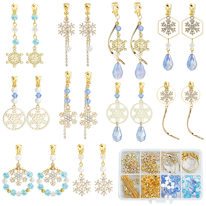 Наборы для изготовления сережек в форме снежинки своими руками, включая подвески из сплава и 304 нержавеющей стали, Латунные подвески, серьги-кольца, бусины, кольца и застежки для сережек-клипс., стеклянные бусины и железные звенья