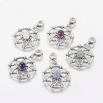 Alloy European Dangle Charms, Large Hole Pendants, with Gemstone Beads, Flat Round with Flower