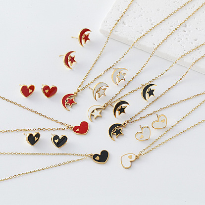 304 Ensemble collier et boucles d'oreilles pendantes en acier inoxydable émaillé en forme de cœur, lune et étoile pour femme