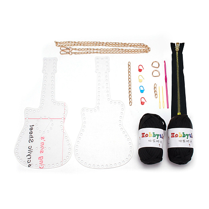 Kit de tejer monedero con forma de guitarra diy, incluido el marco de la bolsa de acrílico, cadena de cable de hierro bolsa correa y cadenas, anillos en D, ganchillo de aleación de aluminio, hebillas y agujas de marcado de plástico, cremallera, Cordones de algodón