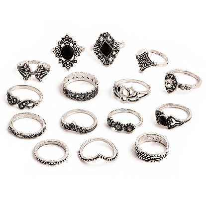 15Pcs 15 Styles Retro Floral Alloy Finger Rings, with Black Glass, Bohemia Style Rings for Women