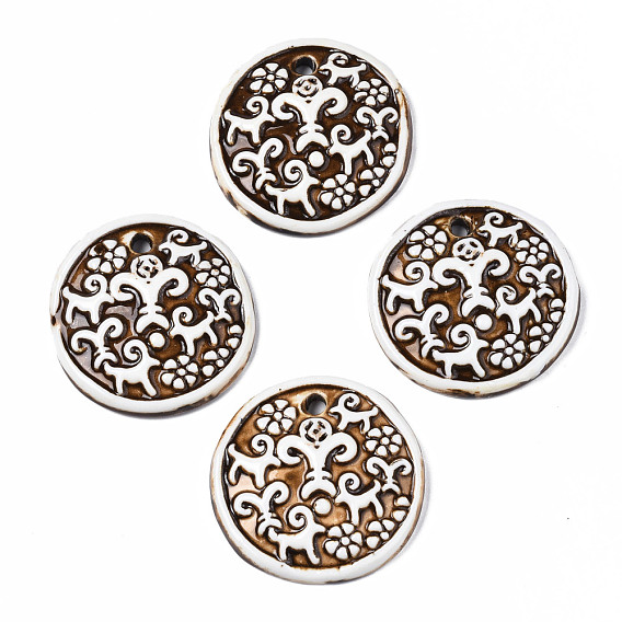 Handmade Porcelain Big Pendants, Flat Round with Goat Pattern