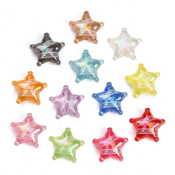 Perlas acrílicas transparentes impresas con revestimiento UV, iridiscente, estrella con patrón de encaje de corazón blanco
