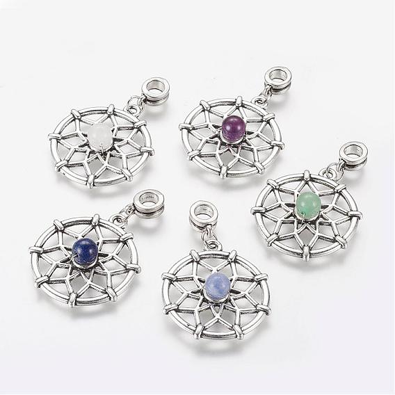 Alloy European Dangle Charms, Large Hole Pendants, with Gemstone Beads, Flat Round with Flower