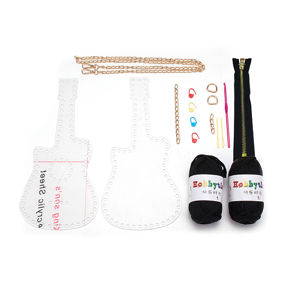 DIY Guitar Shape Purse Knitting Kit, Including Acrylic Bag Frame, Iron Cable Chain Bag Strap & Chains, D-rings, Aluminum Alloy Crochet Hook, Plastic Marking Buckles & Needles, Zipper, Cotton Cords