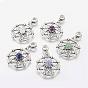 Alloy European Dangle Charms, Large Hole Pendants, with Gemstone Beads, Flat Round with Flower