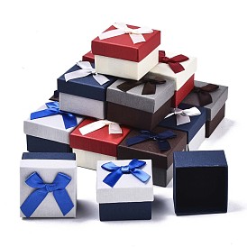 Cardboard Ring Boxes, with Bowknot Ribbon Outside and Black Sponge Inside, Square