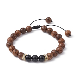 Natural Wenge Wood & Obsidian Round Braided Bead Bracelet, Adjustable Bracelet with Nylon Threads