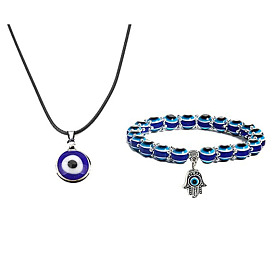 Evil Blue Resin Eye Alloy Demon Necklace Pendant with 8mm Round Beads