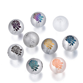 Electroplate Glass Beads, Frosted, Round with Rose Pattern
