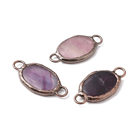 Natural Fluorite Connector Charms, with Red Copper Tone Brass Findings, Oval, Cadmium Free & Lead Free