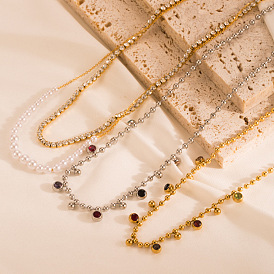 Minimalist Double Layer Pearl & Diamond Titanium Steel Necklace for Fashionable Women