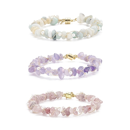 3Pcs 3 Style Natural Stone Chips Beaded Bracelets Set with Shell Pearl, Brass Wire Wrap Bracelet with Magnetic Clasps for Women