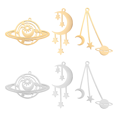 6Pcs 6 Styles 201 Stainless Steel Pendants, Laser Cut