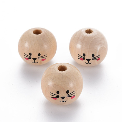 Printed Natural Wood European Beads, Undyed, Large Hole Beads, Round with Expression Pattern