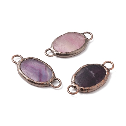 Natural Fluorite Connector Charms, with Red Copper Tone Brass Findings, Oval, Cadmium Free & Lead Free