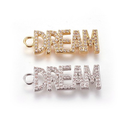 Brass Micro Pave Cubic Zirconia Pendants, Inspirational Message Pendants, Word Dream, Clear