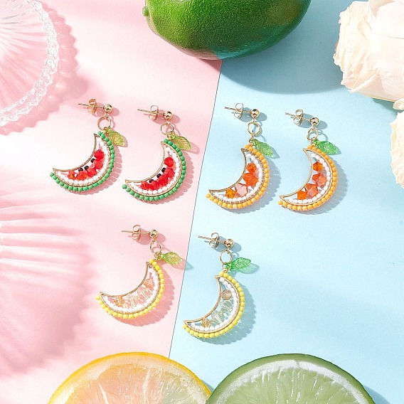 304 Stainless Steel Glass Fruit Dangle Stud Earrings, with Acrylic Leaf, Golden
